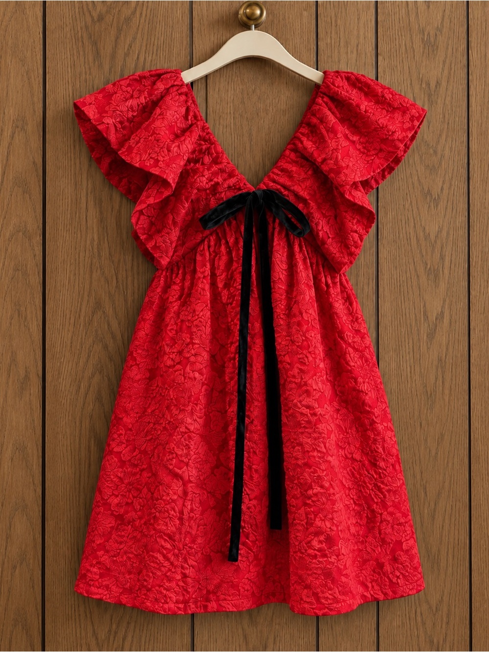 Sugarlips Arielle Red Jacquard Babydoll Mini Dress Velvet Bow Size 4